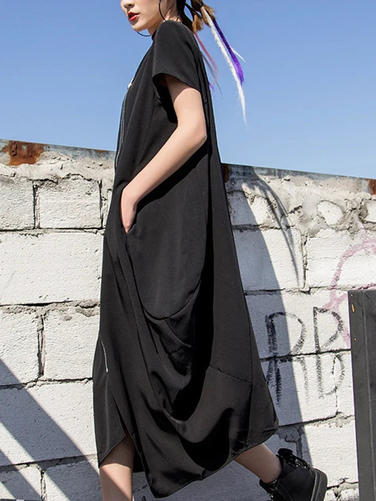 Black Zipper Dress For Women Elegant Casual Long Dress