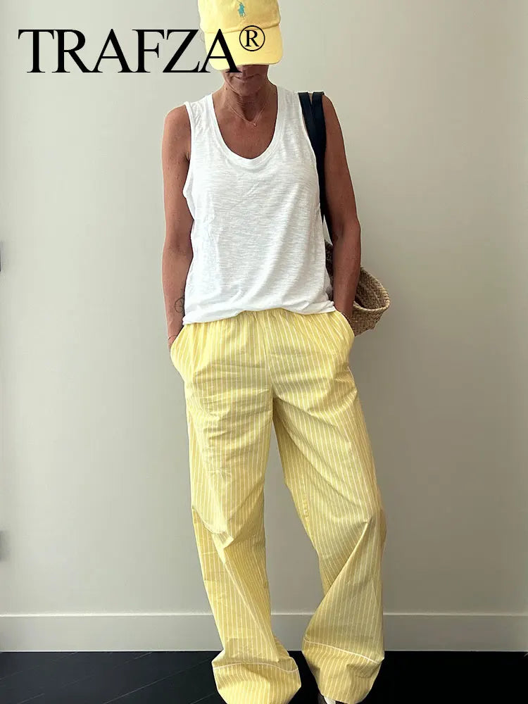 Stylish Women's Yellow Striped High Waist Drawstring Casual Trousers Cozy Loose Long Pants