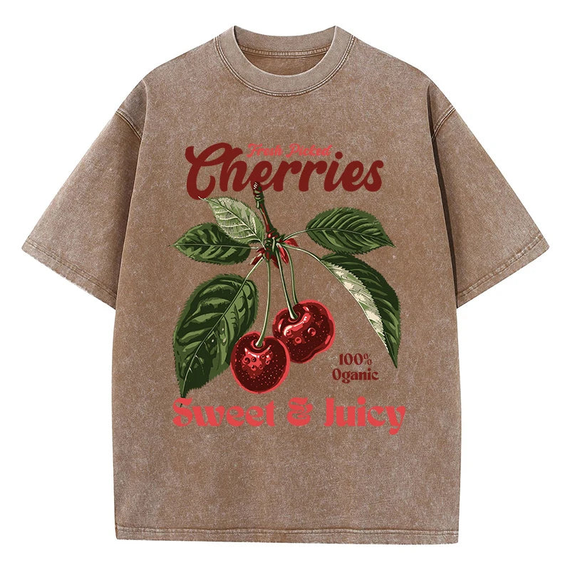 Fresh Picked Cherries Cotton T Shirt for Women with Distressed Oversized O Neck and Sweet Fruit Print Perfect for Casual Wear and Daily Life