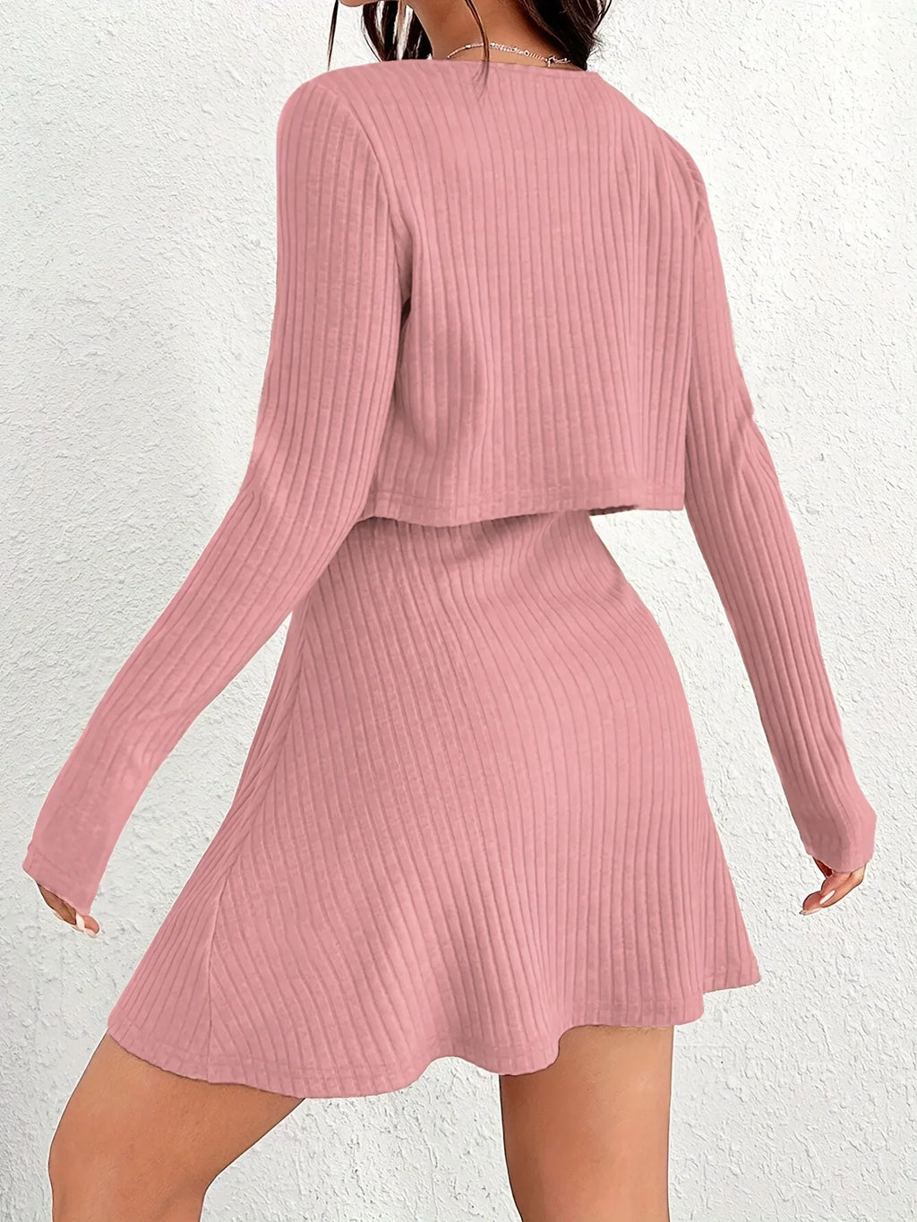Pink Two Piece Knitted Cardigan And Dress Set For Women