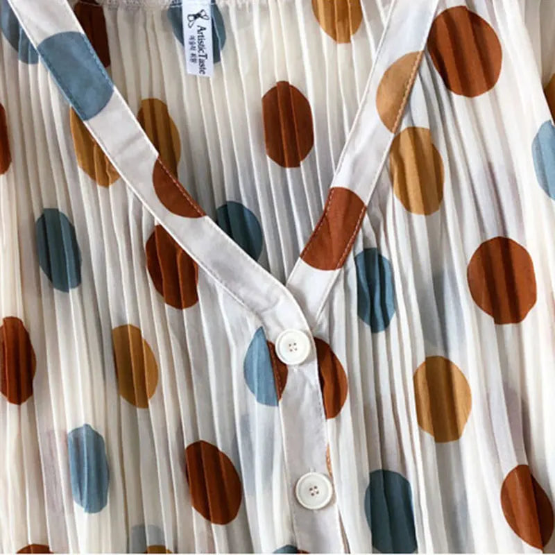 Polka Dot Casual V-Neck Chiffon Blouse with Single Breasted Button and Lantern Sleeve Folds Lightweight Women's Top