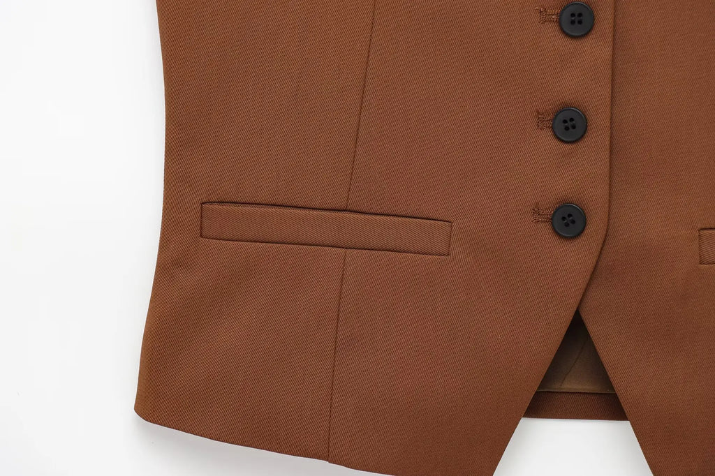 Women's Sleeveless Button-Down Vest with Pockets and Matching Mini Skirt Two-Piece Set for Chic and Stylish Look