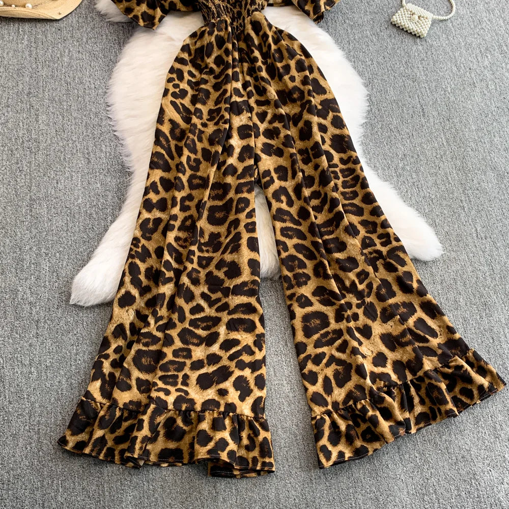 Women's Summer V-Neck Leopard Print Lace-Up Jumpsuit Short Sleeve Loose Fit Playsuit Overalls with Elegant Ruffle Detail