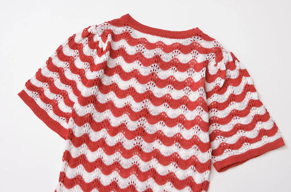 Women's Striped Knit Midi Dress With Front Button O Neck