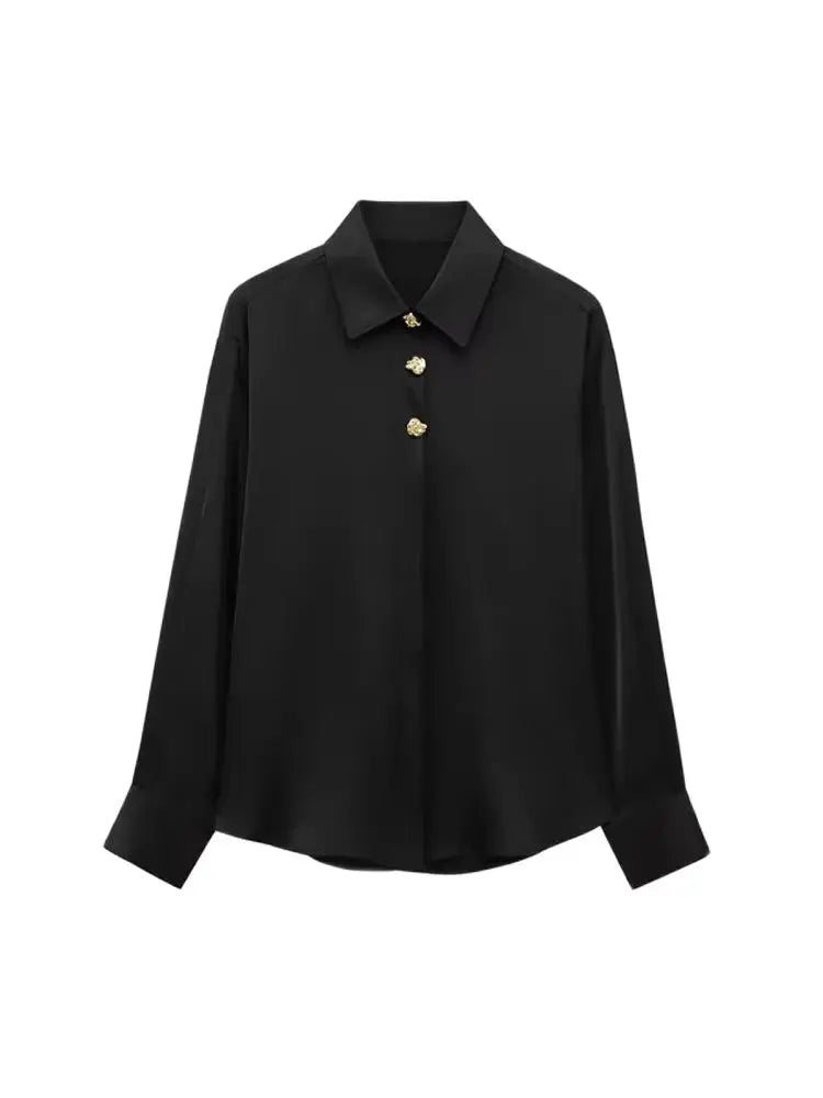 Long Sleeve Lapel Collar Blouse for Women with Fashion Gold Buttons Chic Elegant Office Shirt