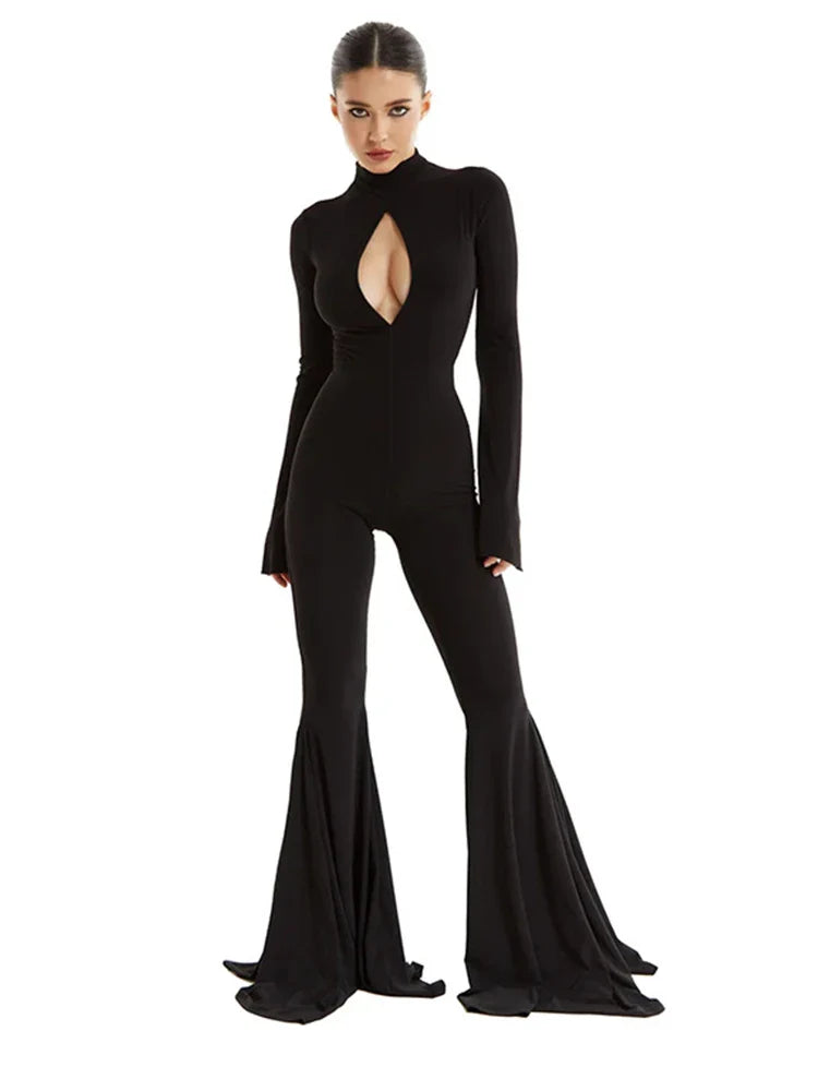 Slim Fit Hollow Out Long Sleeve Semi High Neck Jumpsuit with Elastic Waist Solid Color Women's Slim Pants Y2K Inspired Bottoms