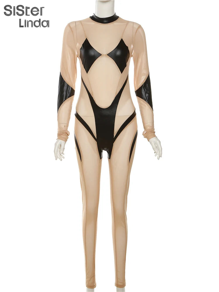 Sexy Mesh Patchwork Long Sleeve Skinny See-Through Zip One-Piece Jumpsuit for Women Party Clubwear