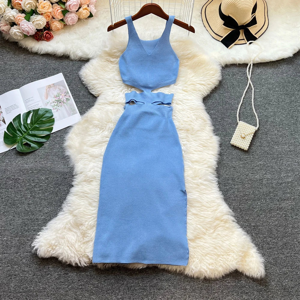 Sexy Hollow Out Waist Knitted Bodycon Summer Dress For Women