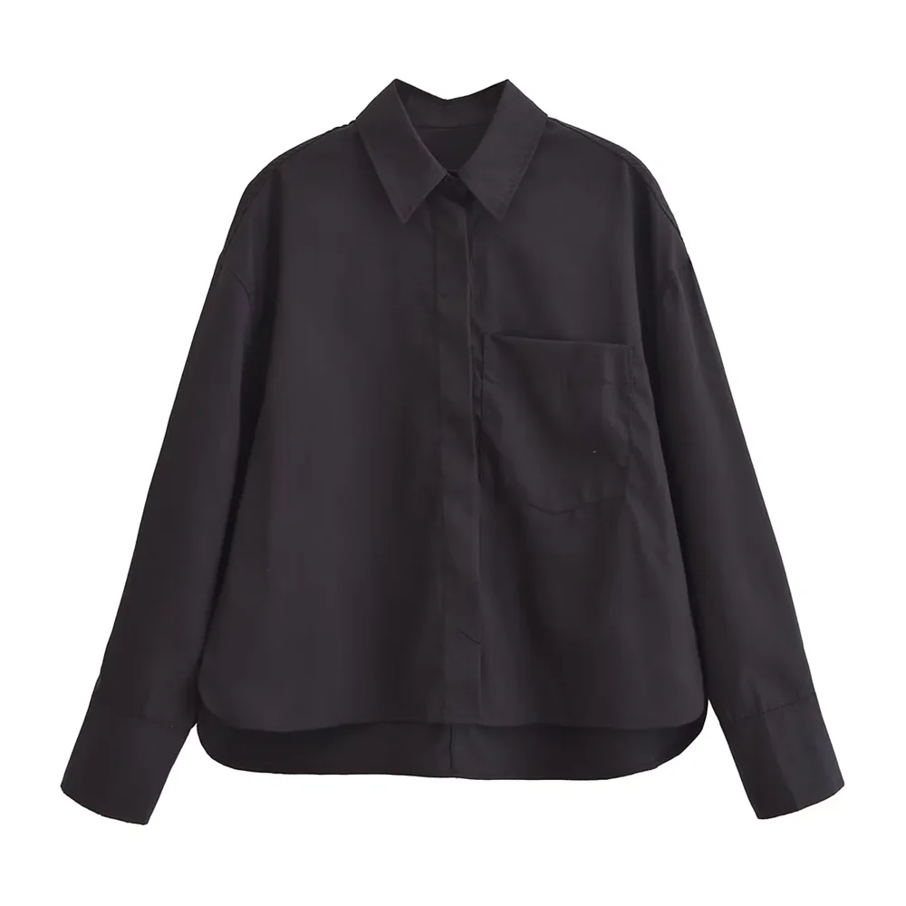 Women's Casual Poplin Shirt Top with Pocket Detail Lightweight Commuter Blouse Simple Elegant Autumn Wear