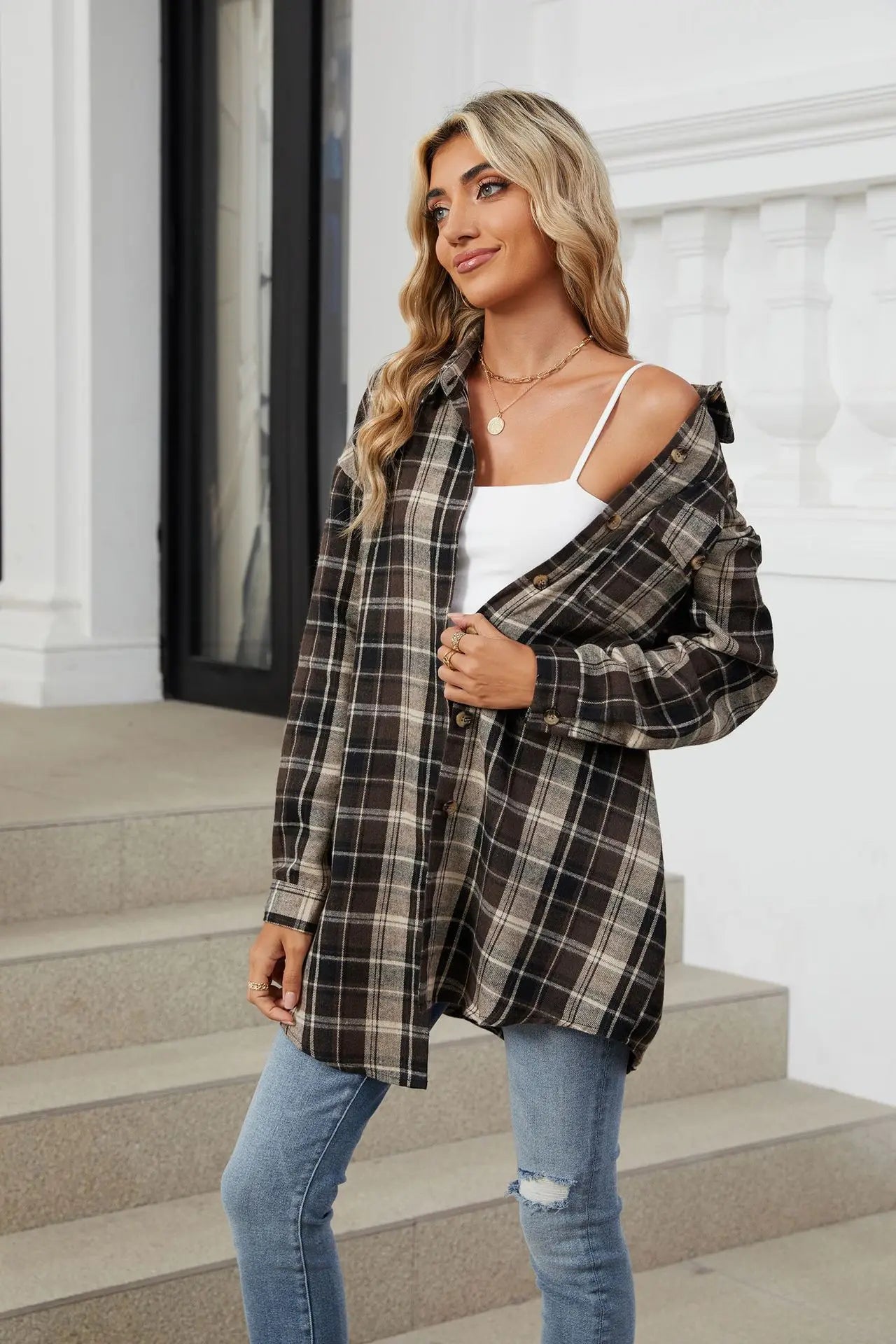 Women's Casual Plaid Button Up Blouse Long Sleeve Turn Down Collar Shacket Plus Size Loose Fit Streetwear Top