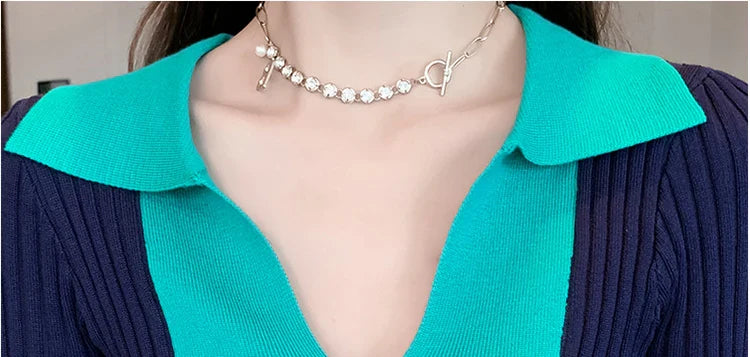 Korean Style Knit Dress Long Sleeve Color Block Lace