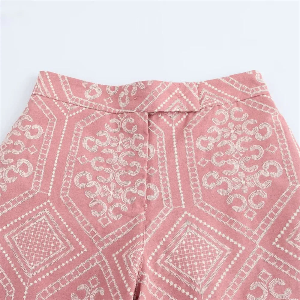 V-Neck Embroidered Kimono Style Mid-Length Windbreaker and High Waisted Straight Leg Pants Set for Women