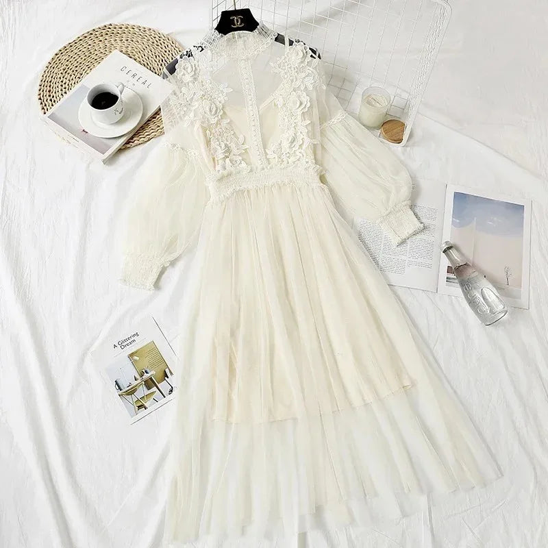 White Lace Mesh Dress With Lantern Sleeves For Women