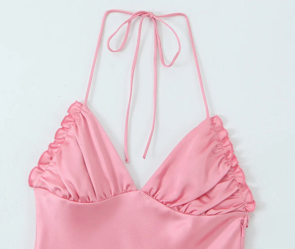 Sexy Satin Backless Suspender Dress Solid Color Glamour