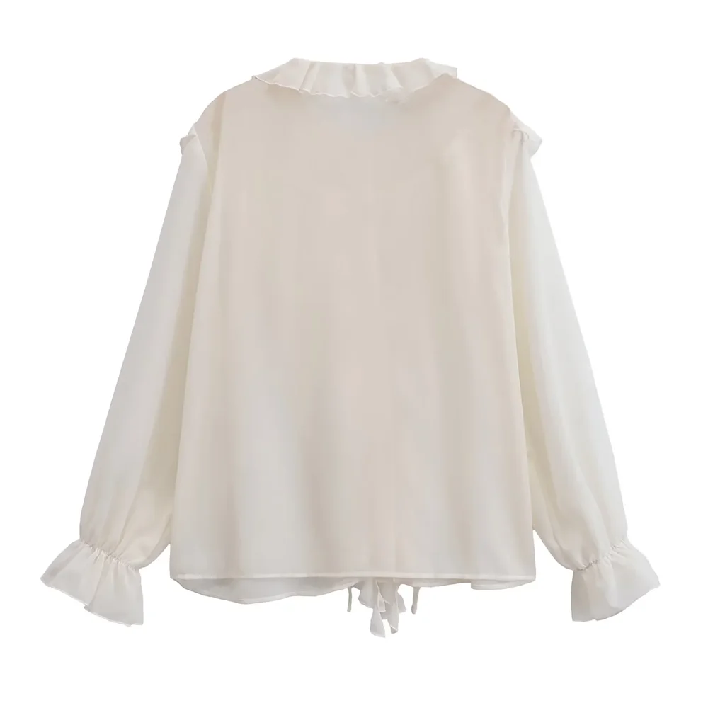 Women's Versatile Half Transparent Long Sleeve Shirt with Round Neck and Adjustable Strap Detail