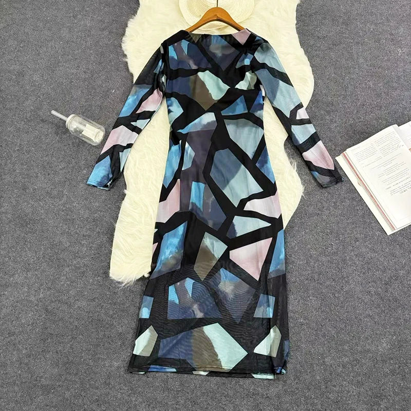 Mesh Print Maxi Dress With V Neck Full Sleeve Bodycon