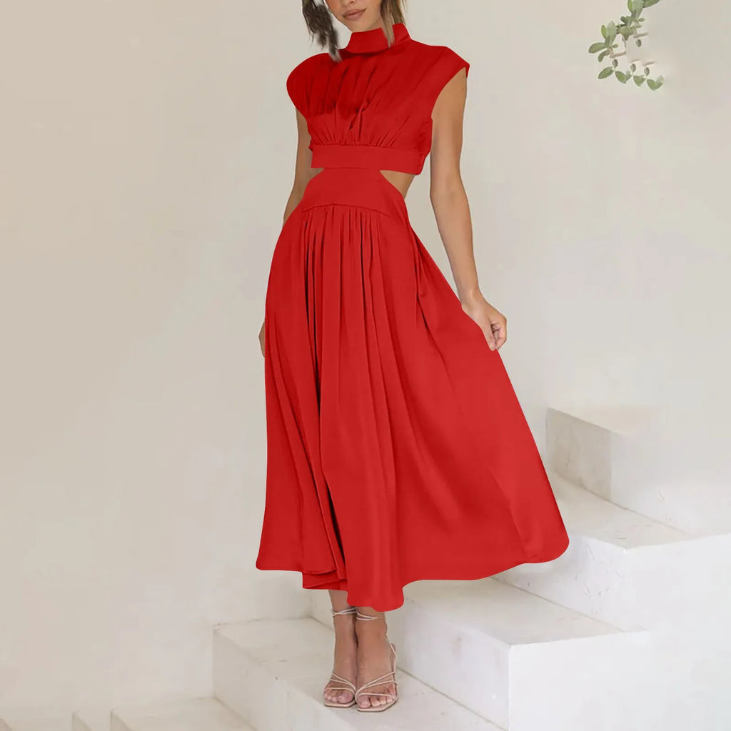Solid Color High Waist Maxi Dress Sleeveless With Pockets