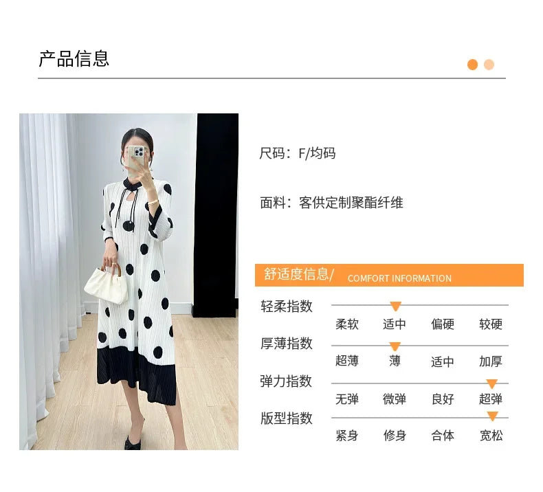 Polka Dot Pleated Dress for Women with Stand Collar