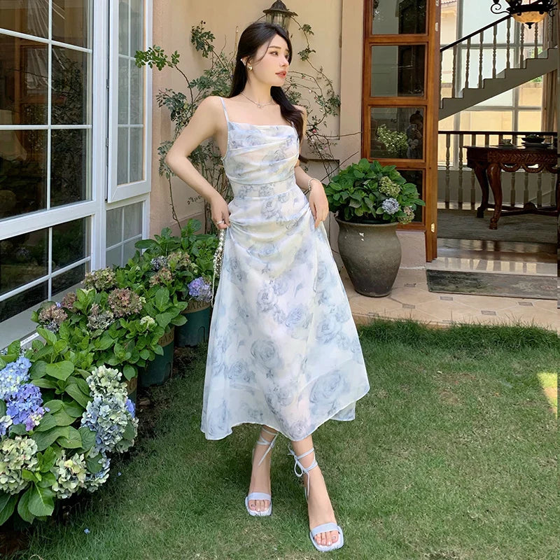 Chiffon Summer Party Midi Dress for Women High Waist