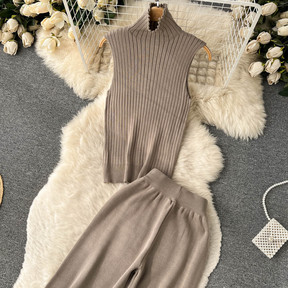 3 Piece Knitted Tracksuit Set for Women Comfy Loungewear with Long Cardigan Coat Turtleneck Vest and Pants