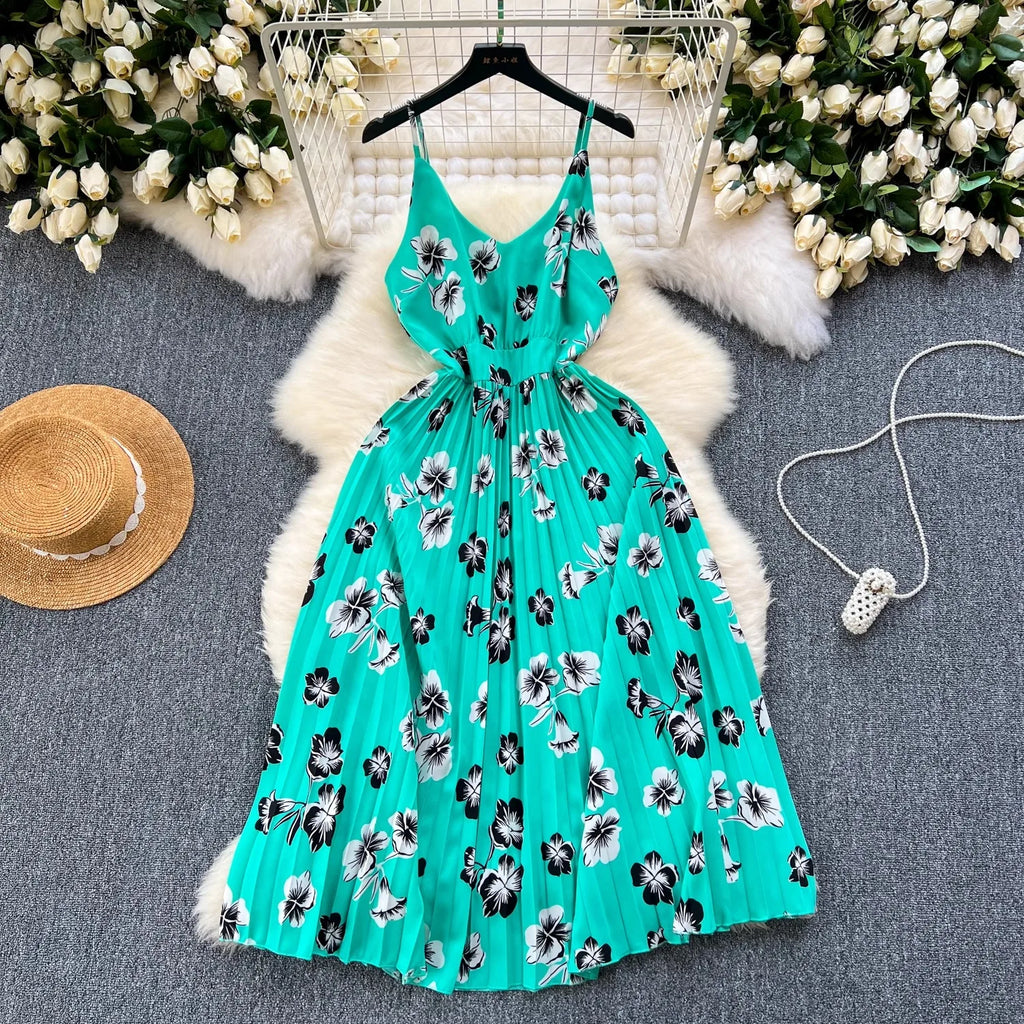 Floral Print Maxi Dress High Waist Spaghetti Strap Backless