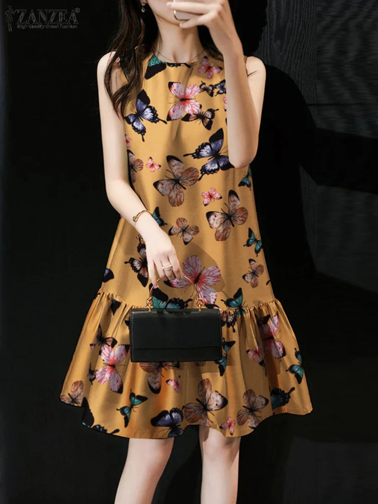 Floral Print Knee Length Sundress Boho Beach Party Dress