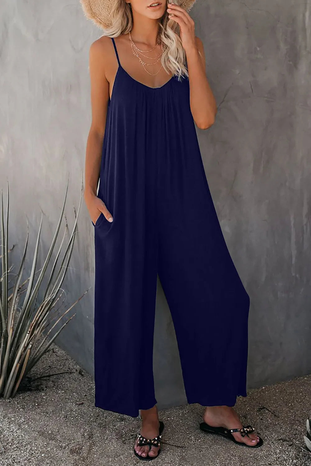 Women's Summer Strap Jumpsuit with Solid Color Design and Convenient Side Pockets Casual Lightweight Romper