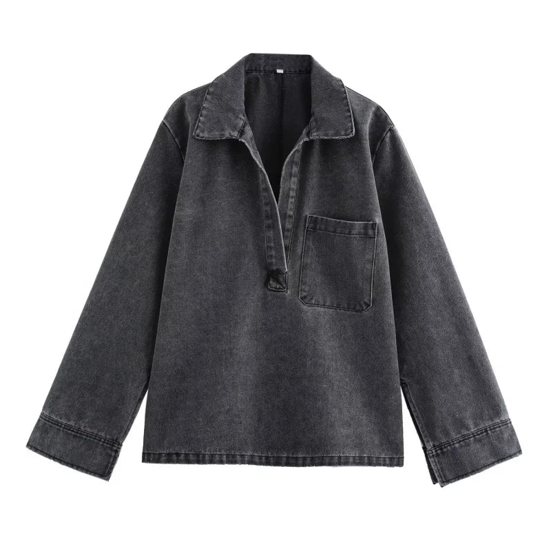 Casual Open Collar Denim Top with Pocket and Loose Wide Leg Drawstring Waist Denim Pants Two Piece Set for Women