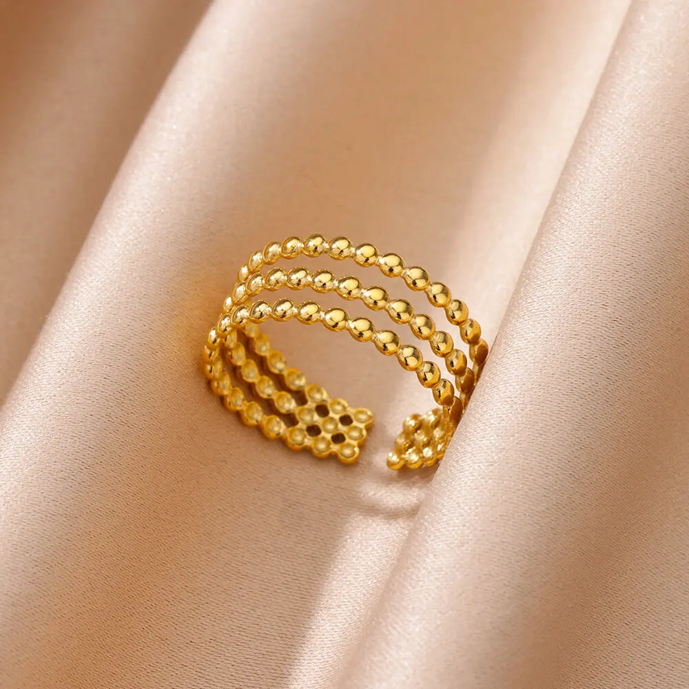Gold Stainless Steel Beads Design Opening Ring for Women - Aesthetic Party Jewelry Gift