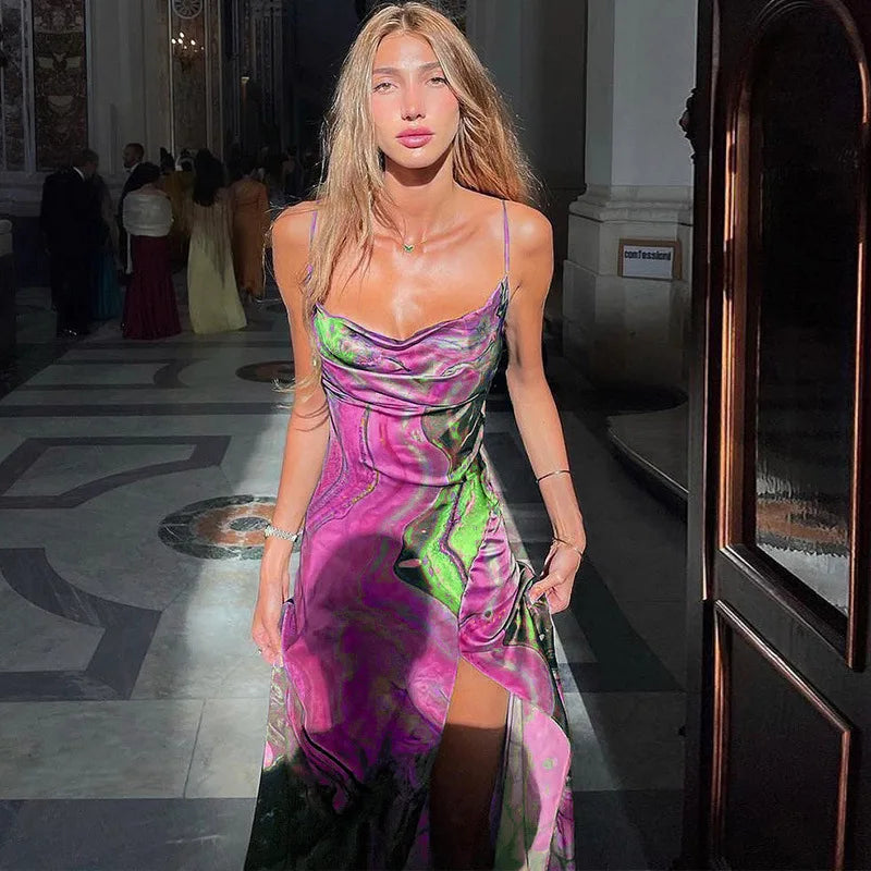 Backless Summer Print Dress with Slit and Spaghetti Straps