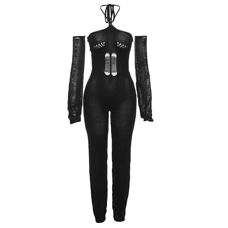 Weird Puss Bandage Knit Halter Jumpsuit with Gloves Women Stretch Sexy Backless Hollow Skinny Street Style Stacked Workout Overalls