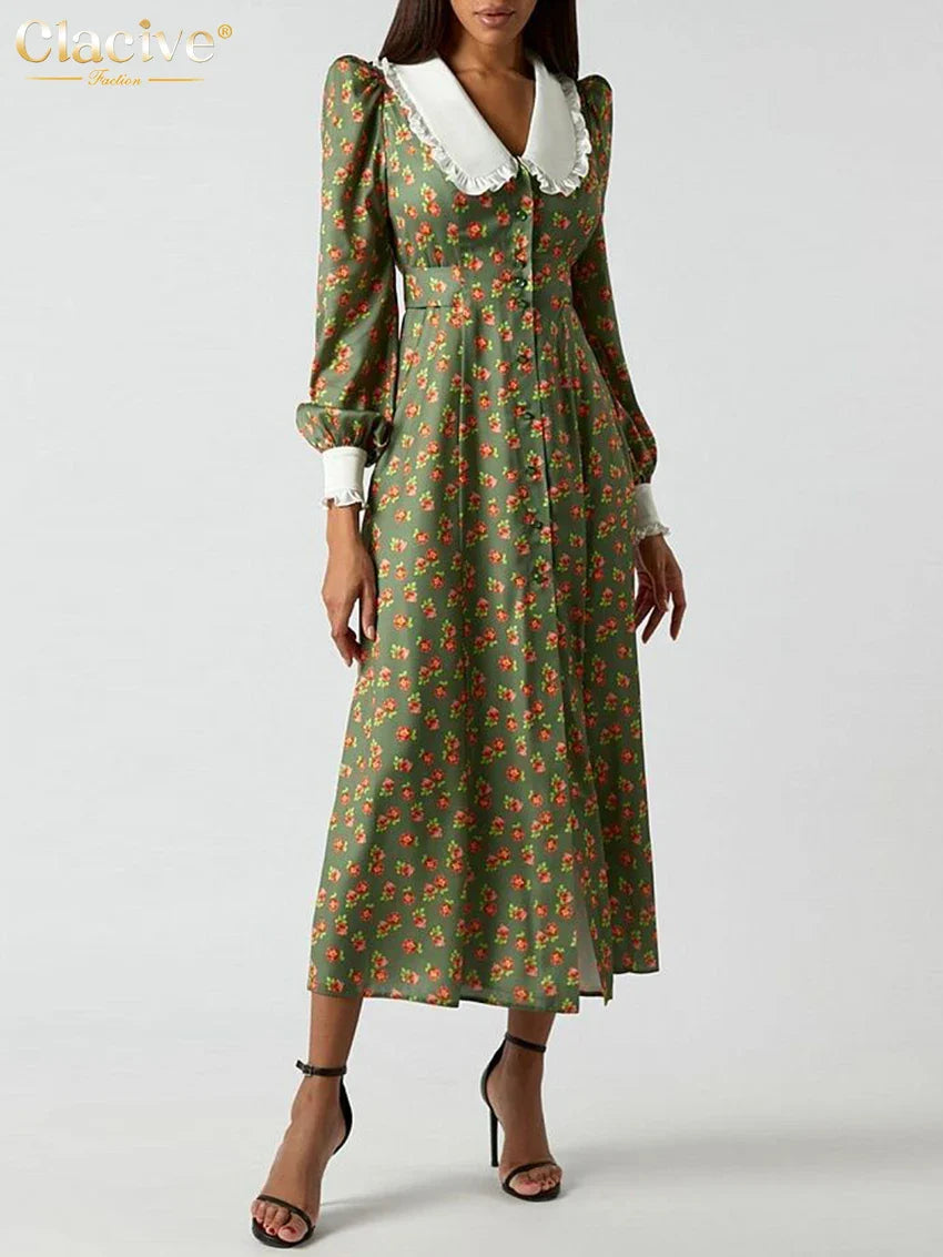 Office Midi Dress With Doll Collar Long Sleeves Elegant