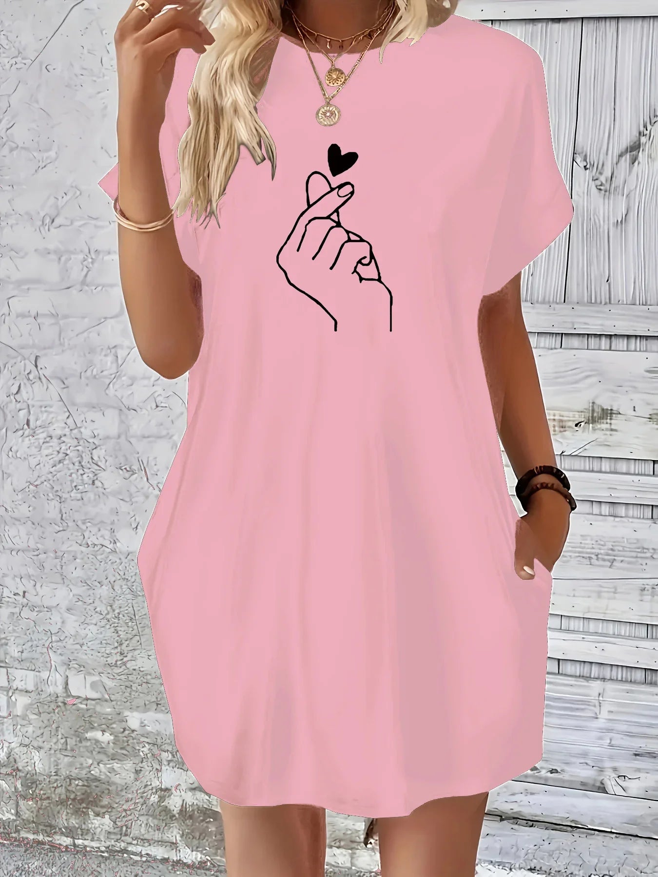 Plus Size Heart Print Pocket Dress Short Sleeve Summer