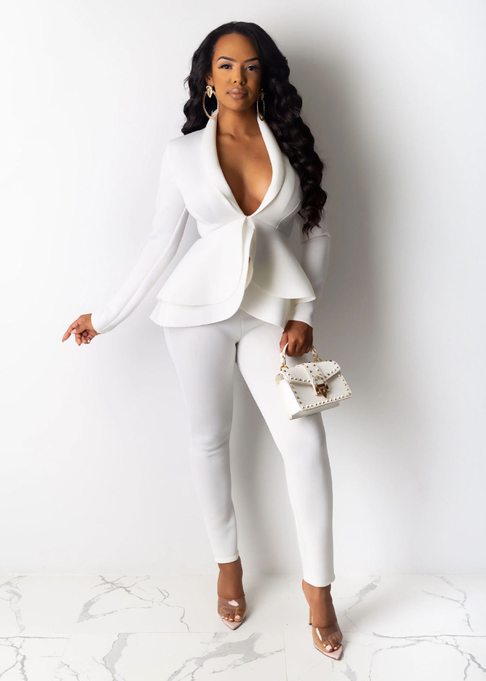 Women Winter Two Piece Tracksuit Set with Ruffled Blazer and Pencil Pants for Office Wear