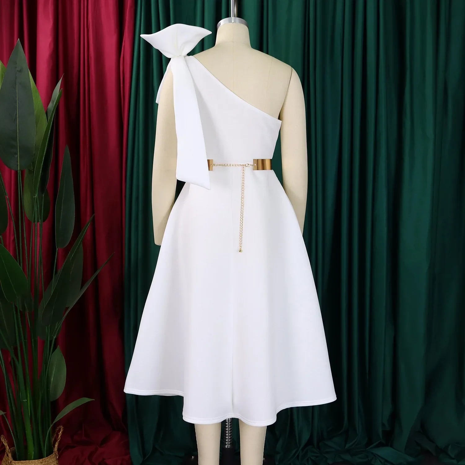 One Shoulder Bow Dress A Line Pleated Mid Calf Party Dress