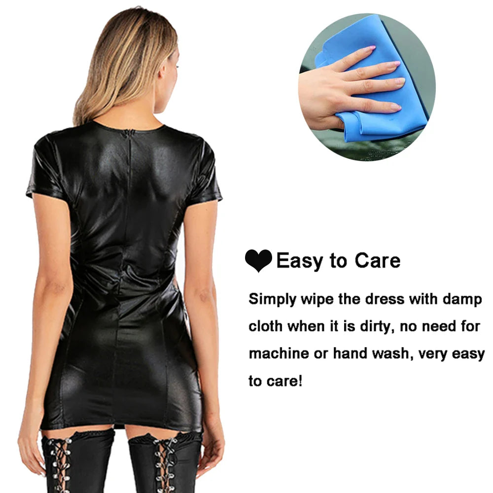 Wetlook Faux Leather Short Sleeve Bodycon Dress Open Bust
