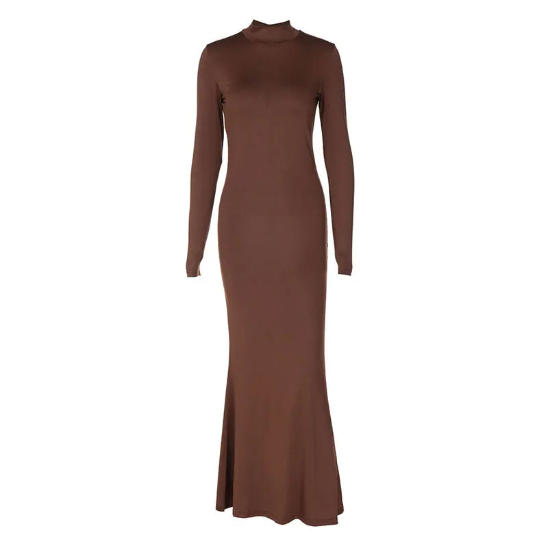 Womens Maxi Dress Autumn Turtleneck Button Long Sleeve