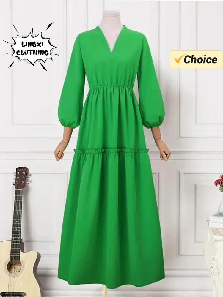 Womens V Neck Long Dress Solid Color Summer Loose Fit