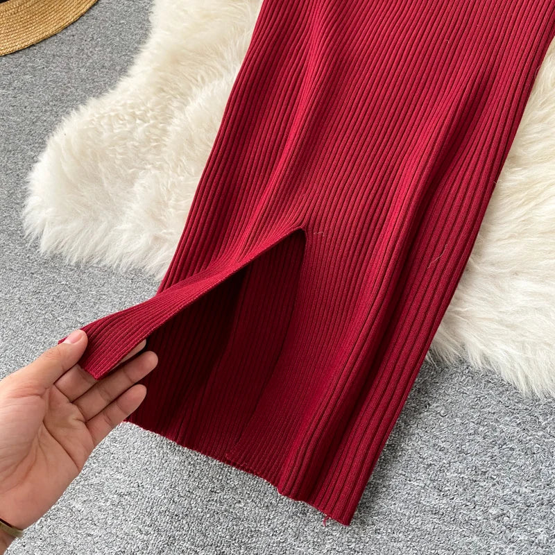 Womens Winter Knitted Dress Stand Collar With Sash Belt