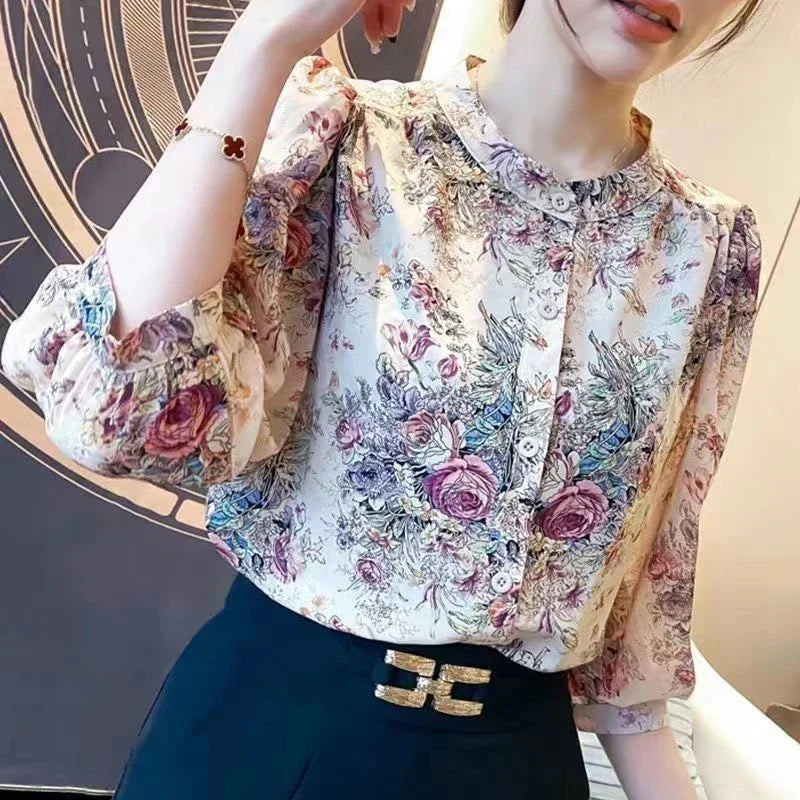 Vintage Elegant Women's Chiffon O-Neck Lantern Sleeve Printed Blouse Slim Fit Casual Office Shirt