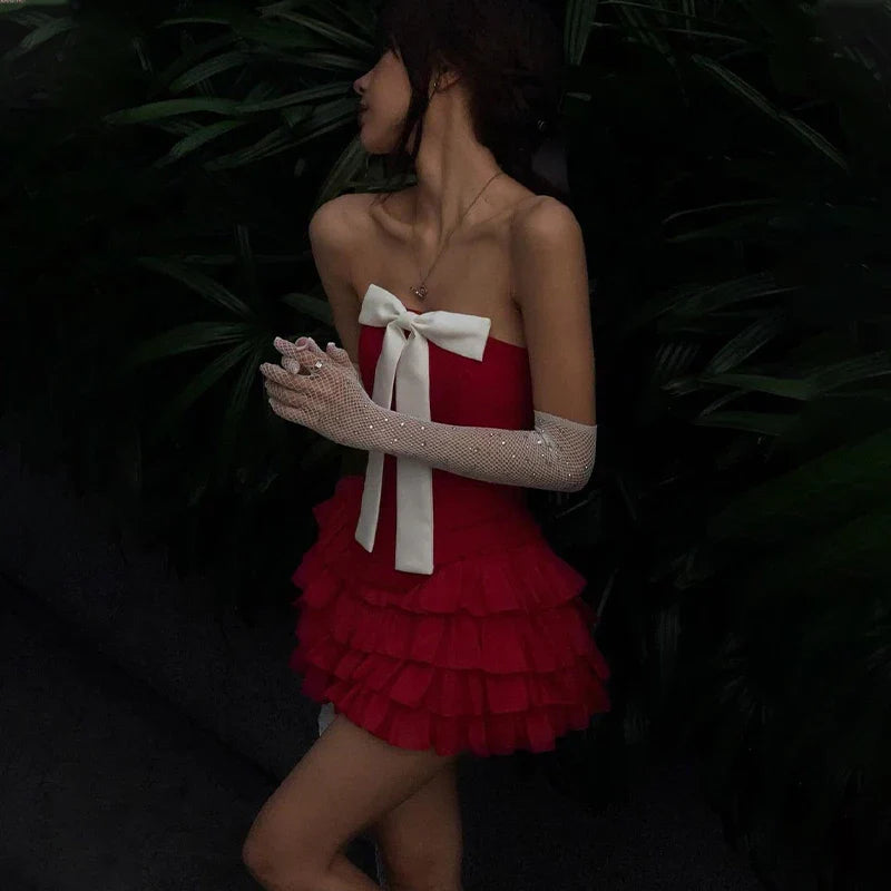 Y2K Bow Applique Mesh Pleated Mini Dress Strapless Backless