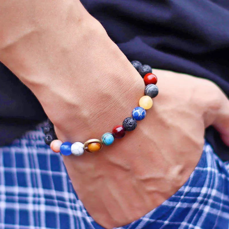 Unique Eight Planets Chakra Bracelet for Men and Women with Natural Volcanic Rock and Lapis Lazuli Beads