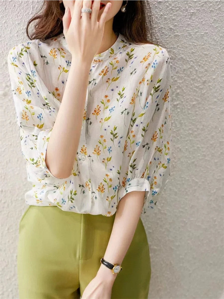 Women Casual Summer Blouse with Short Puff Sleeves and Stand Collar Featuring Elegant Flower Print