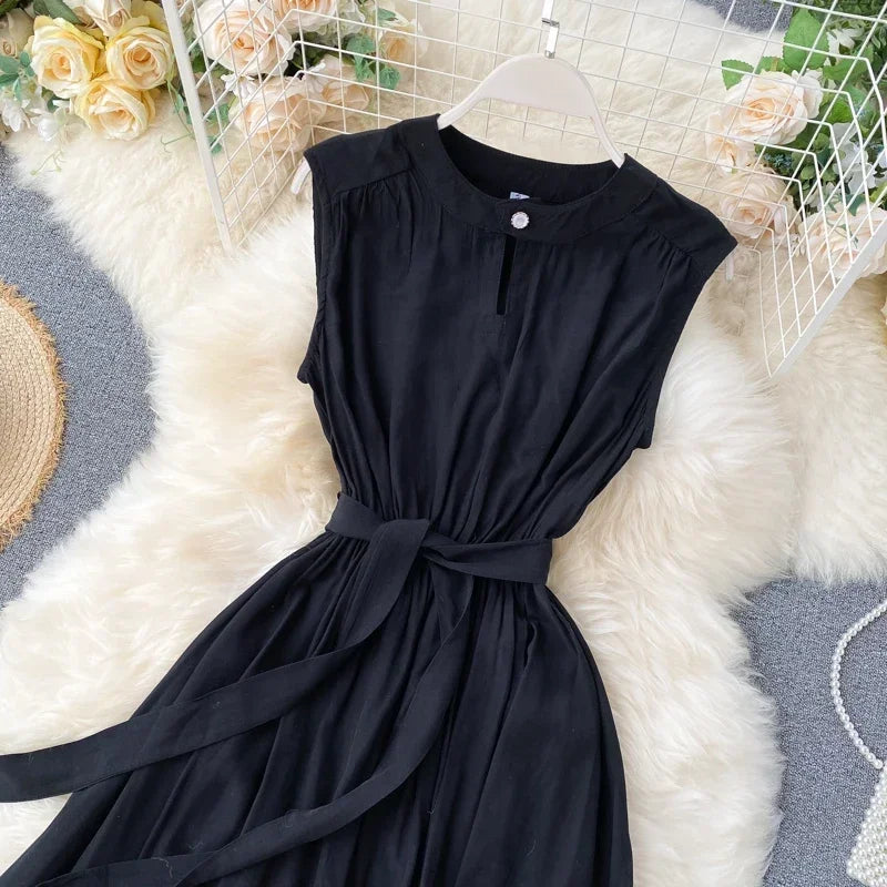 Sleeveless Summer Dress Solid Colors Green Blue Yellow Casual