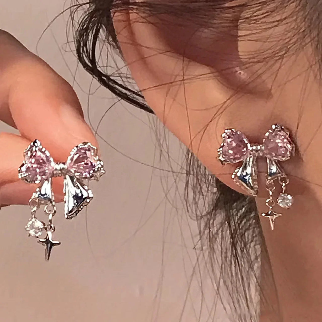 Y2K Bowknot Zircon Stud Earrings for Women with Pink Crystals in Silver Color Fashion Jewelry