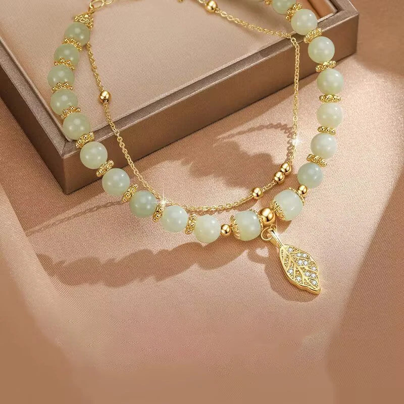 Chinese Style Green Jade Bracelet for Women with Gold Leaves Double Chain Design Elegant Bangle Gift for Special Occasions