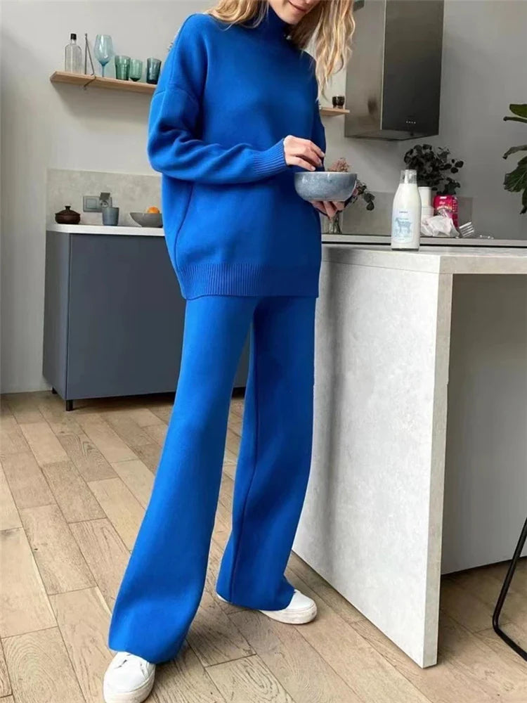 2 Pieces Blue Knitted Women's Tracksuit Set with Turtleneck Sweater and Straight Leg Jogging Pants