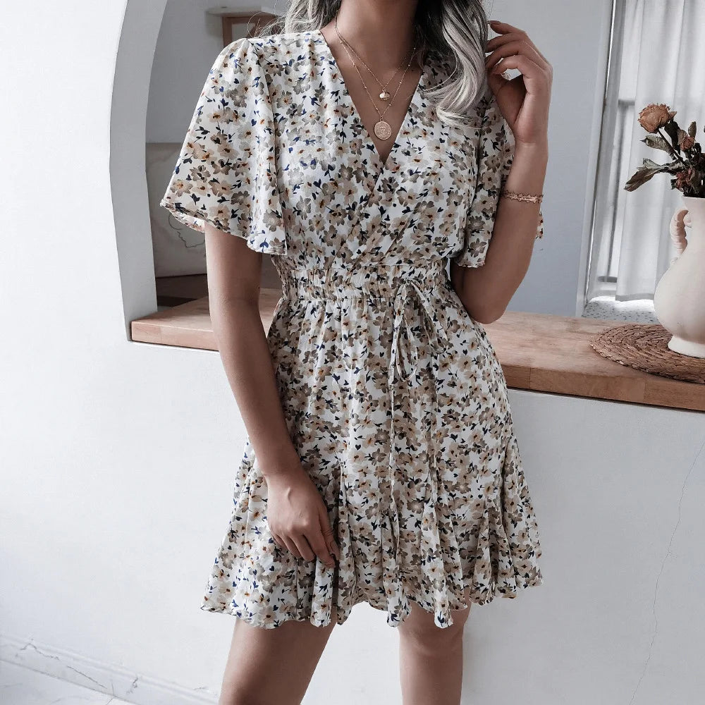 Summer Floral Dress With Bubble Sleeves V Neck A Line