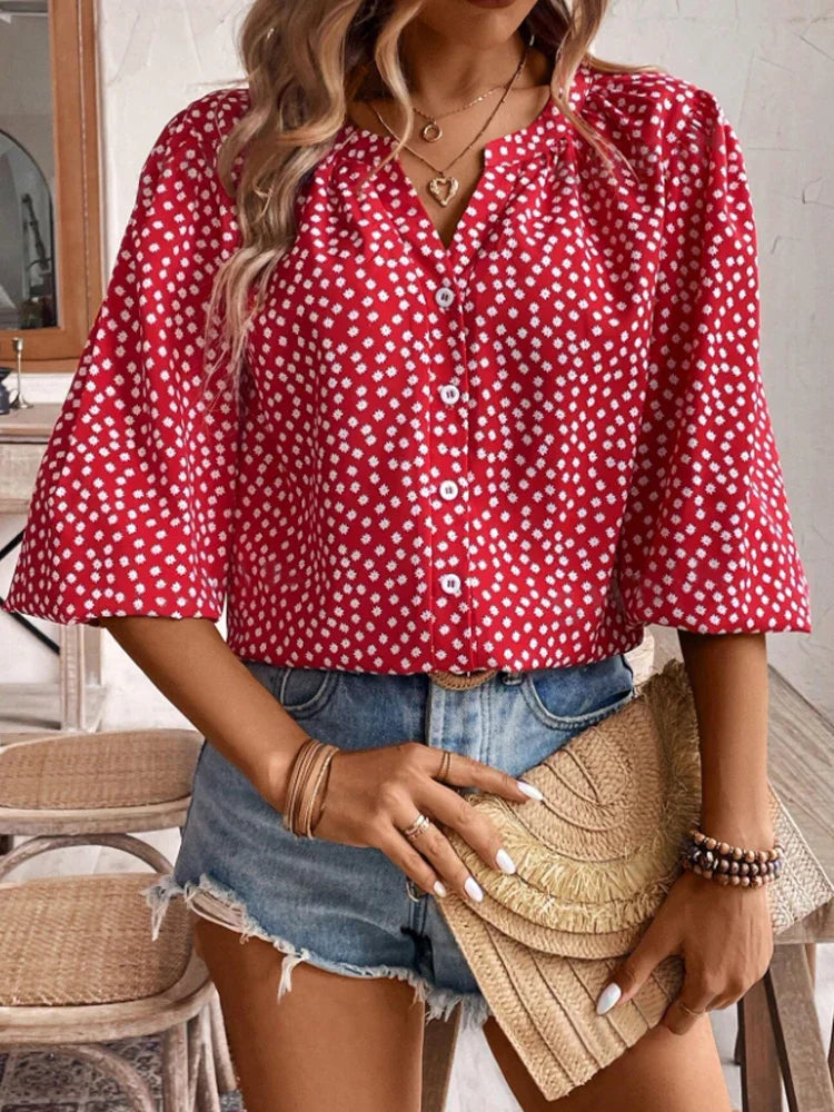 Women's Vacation V-Neck Button-Up Mid-Sleeve Shirt with Open Gap and Single Row Buttons Casual Summer Top