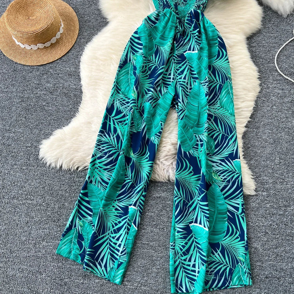 Square Neck Loose Pleated Jumpsuit with Ruffles Backless Design Wide Leg Long Pants Elegant Chic Printed Playsuit for Women